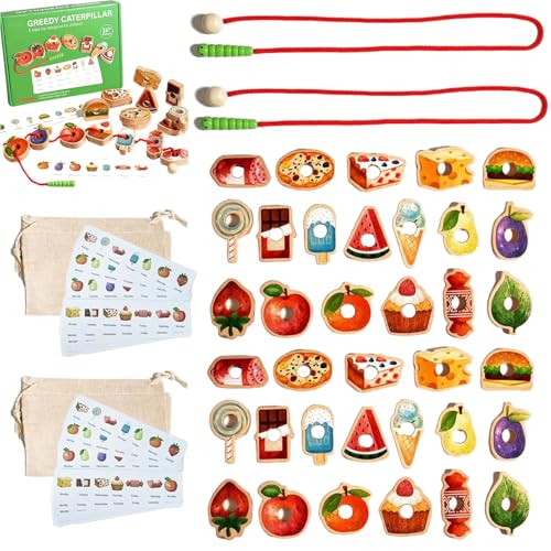 Generisch Educational String Beaded Toys, Wooden Greedy Caterpillar Rope Toy, Wooden Threading Beads Set, Montessori Threading Stringing Toys for Interactive Learning (2Sets) von Generisch