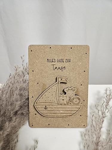 Generisch Handgefertigte Holzkarte zur Taufe, Segelboot-Design mit Tieren, Naturbraun, Glückwunschkarte (Alles Gute zur Taufe) von Generisch