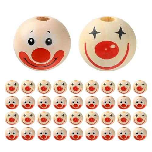 Generisch Holzköpfe für Sorgenwürmchen – 20mm Clown Holzperlen mit Loch, Lächelndes Clown-Design, 20 Stück für DIY Bastelprojekte und Perlenweben von Generisch