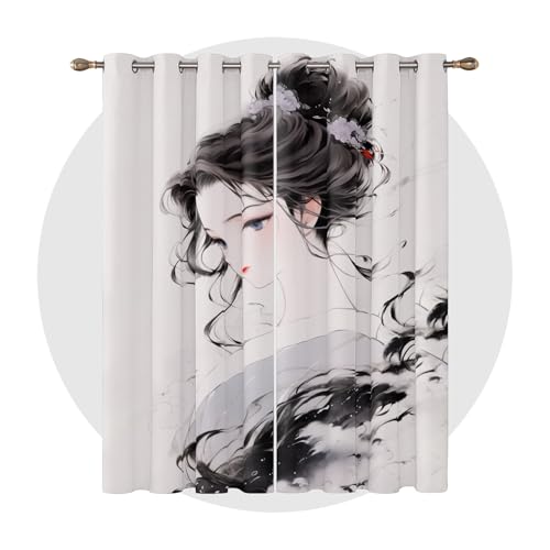 Generisch Japanische Deko Zimmer - Vorhänge Geisha - Anime Mädchen Tuschemalerei Fenster Gardinen mit Ösen, Vorhang Blickdicht Verdunklungsvorhänge Thermovorhang 2er Set, H 137 x B 117 cm, A#-222 von Generisch