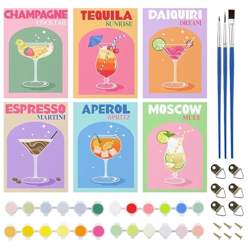Generisch Malen Nach Zahlen Cocktail, 6 Stück Mini Malen nach Zahlen Set 15 x 20 cm，DIY Handgemaltes Ölgemälde Set für Erwachsene und Anfänger, Komplettset mit Rahmen (Stil A) von Generisch