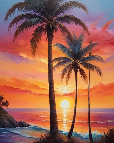 Generisch Malen Nach Zahlen Erwachsene Strand Sonnenuntergang Palme Ohne Rahmen 40X50CM Malen Nach Zahlen Sets auf Leinwand mit Acrylfarben für Kinder Anfänger,DIY Ölgemälde-Set Groß Landschaft,A2 von Generisch