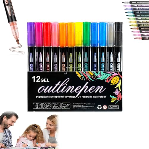 Generisch Metallic-Marker zum Hervorheben, 8/12/24/36/48 Glitzer-Doppellinien-Konturmarker zum Zeichnen und Kritzeln (12 pcs) von Generisch