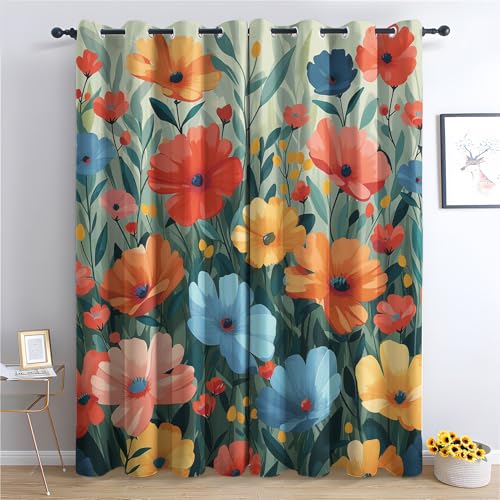 Generisch Mohnblumen Vorhang, Retro Mohn Gardinen mit Ösen 2er Set Verdunkelungsvorhang, Bunte Blumen Vorhänge, Wohnzimmer Schlafzimmer Kinderzimmer Blickdichte vorhänge, 300x280 cm1&-ua41 von Generisch