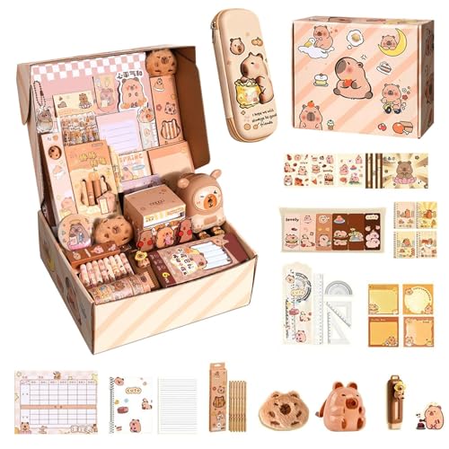 Generisch Niedliche Capybara Stationery Set, Capybara School Supplies mit Bleistiftkoffer, Bleistiftspitzer, Aufkleber, Stifte, Notizbuch, Lineal, Memo -Pad von Generisch