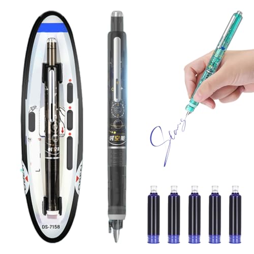 Generisch Protectivemethod Fountain Pen Retractable, 2025 Neu Einziehbarer Füllfederhalter, 0.38mm Füllfederhalter Set mit 5 Refillable Ink Cartridges tintenroller (Schwarz, Löschbar blau) von Generisch