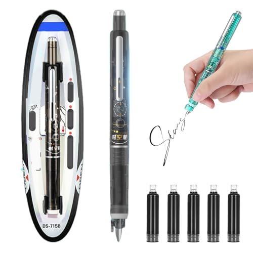 Generisch Protectivemethod Fountain Pen Retractable, 2025 Neu Einziehbarer Füllfederhalter, 0.38mm Füllfederhalter Set mit 5 Refillable Ink Cartridges tintenroller (Schwarz, Nicht löschbar schwarz) von Generisch
