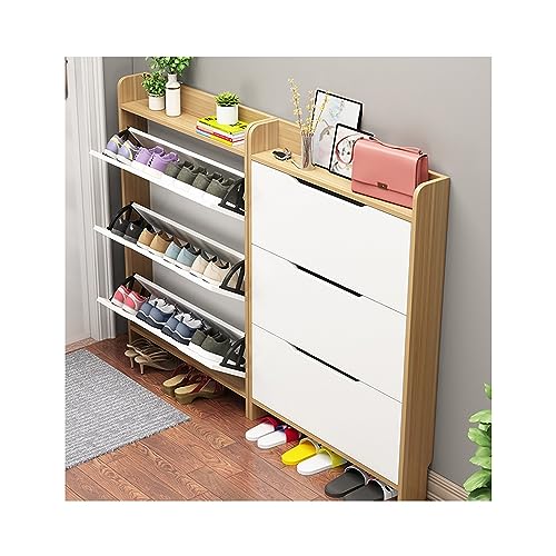 Generisch Schmaler Schuhschrank für den Eingangsbereich – schmaler, versteckter Organizer, 3-stufiger Kippeimer, helles Walnuss-Finish – platzsparendes Design für Schuhe und Stiefel von Generisch