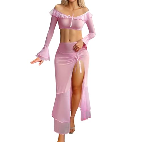 Generisch Sexy Outfit für Damen für Sex transparentem Netzstoff, schulterfreies Crop-Top, Maxirock-Set mit Tanga (RD1-B, M) von Generisch