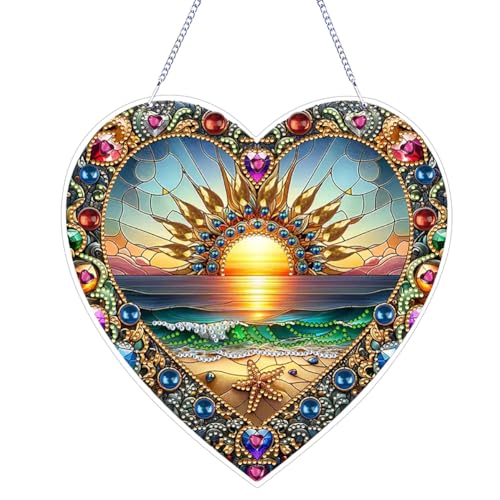 Generisch Sonnenaufgang auf dem Meer DIY Diamond Painting Anhänger mit Kette,Diamant Painting Fensterbilder,hängender Sonnenfänger,Diamond Malerei Wandbehang Kits für Fenster Wand Eingang Garten Decor von Generisch