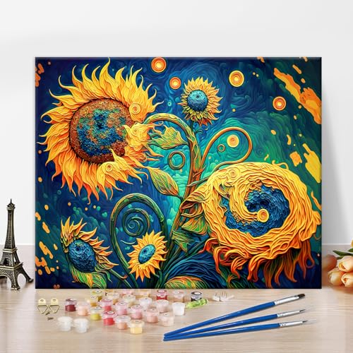 Generisch Sonnenblume Malen nach Zahlen oder Erwachsene Kinder Anfänger Starry Flower Plant Abstract Styles Ölgemälde auf Leinwand Malen nach Zahlen Kit für Enthusiasten Home Decor, 16x20 inch von Generisch