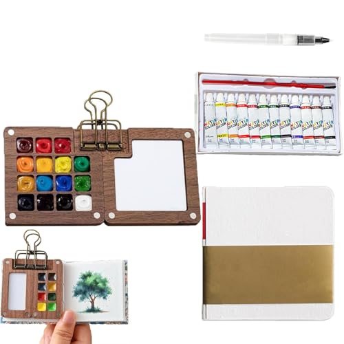 Generisch Tobios Watercolour Kit, Tobios Mini Watercolour Kit, Mini Watercolor Paint Set with Clip Brush Pen Sketchbook, 8/15 Grid Drawing Board for Artists Painters Students (B) von Generisch
