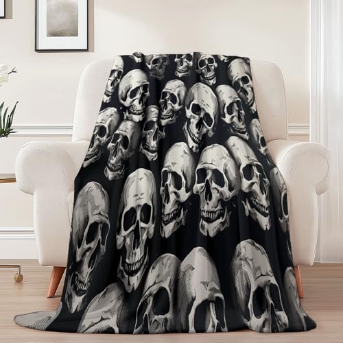 Generisch Weiche Kuscheldecke 150 x 200 cm fürs Kinderbett, Abstrakt Horror Totenkopf Thema Kuscheldecke Leichter Plüschstoff für Sofa Couch Schlafzimmer Wohnzi - Schwarz Grau von Generisch
