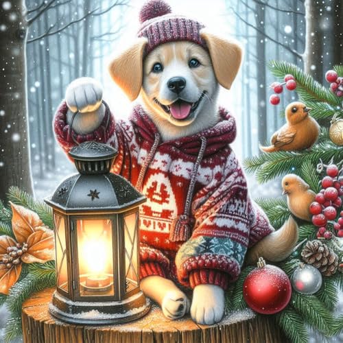 Generisch Weihnachten Hund Diamond Painting Set für Erwachsene,5D Tier Diamant Malerei Kits,Malen nach Zahlen,Winter Diamant Painting Bilder Round Full Kits Complete Diamant Kunst Kits 30x30cm von Generisch