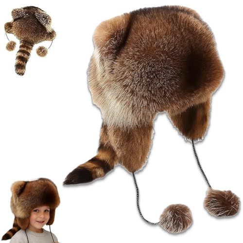 Generisch Winter Cute Raccoon Plush Hats, Raccoons Plush Hat Winter Protection, withTwo Pompoms, for Woman & Children (1Pcs) von Generisch