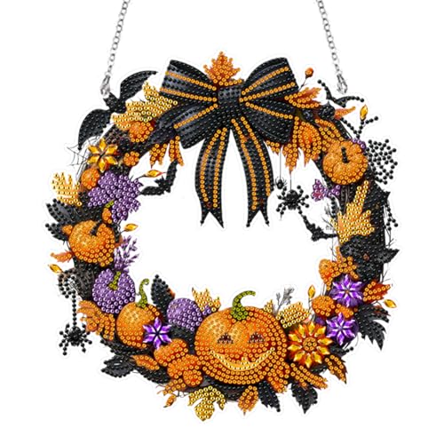 Generish DIY Halloween Diamond Painting Anhänger Einseitig mit Kette Schwarzer Schleifenkürbis 5D Diamant Painting Kranz Fensterbilder Diamant Malerei Wandbehang Kits für Fenster Wand Eingang Decor von Generisch