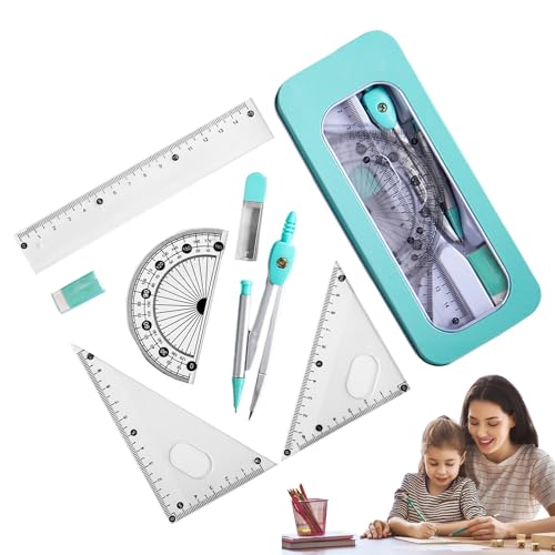 Geometrie-Set Für Schüler | 7-teiliges Lineal-Zirkel-Set Im Metallkoffer | Mathe-Sets Mit Winkelmesser, Geodreiecken, Radiergummi Und Minen, Tragbares Zeichenset Für Schüler von Generisch