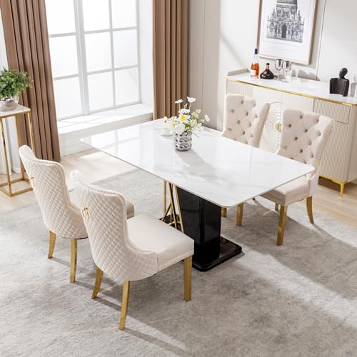 Gepolsterte Esszimmerstühle mit Nagelkopfbesatz, 4 Stück, goldfarbene Edelstahlbeine, Samtstoff, moderner Akzent für Wohnzimmer & Küche, Beige/Gold Gepolsterte Esszimmerstühle mit Nagelkopfbesatz, 4 Stück, goldfarbene Edelstahlbeine, Samtstoff, moderner Akzent für Wohnzimmer & Küche, Beige/Gold von Generisch