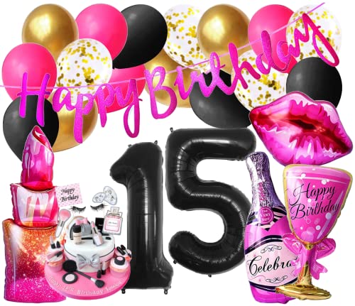 Girls Lady Mode Luxus 15 Set Mädchen Geburtstags Deko Diva Party Zahl 15 Schwarz Beauty Lippen insta 15. Party Folienballon Ballons Pink Banner 15 Jahre Girlande Kosmetik Cupcake (Zahl 15) von Generisch