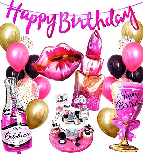 Girls Lady Mode Luxus Set Mädchen Geburtstags Dekoration Diva Party Folienballon Gold Beauty Lippen insta Deko Party Ballons Pink Banner Kosmetik Cupcake Jubiläum (Ohne Zahl) von Generisch