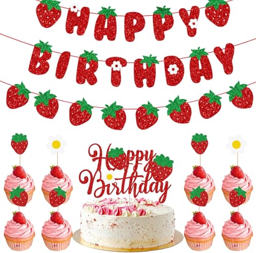Glamouröses Geburtstags-Deko-Bundle – schimmerndes "Happy Birthday"-Banner, festliche Wimpelgirlande und charmante Kuchendekorationen für Babypartys und Kinderpartys (Erdbeere) von Generisch