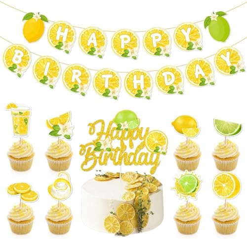 Glamouröses Geburtstags-Deko-Bundle – schimmerndes "Happy Birthday"-Banner, festliche Wimpelkette und charmante Kuchendekorationen für Babypartys und Kinderpartys (Zitrone) von Generisch