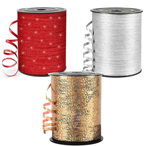 Glitzer-Ringelband, 457 m, 3 Rollen, für Geschenkverpackungen, Luftballons, Hochzeits-/Geburtstagsdekoration, Babypartys und Bastelarbeiten, 457 m, silberfarben, rot und champagnerfarben von Generisch