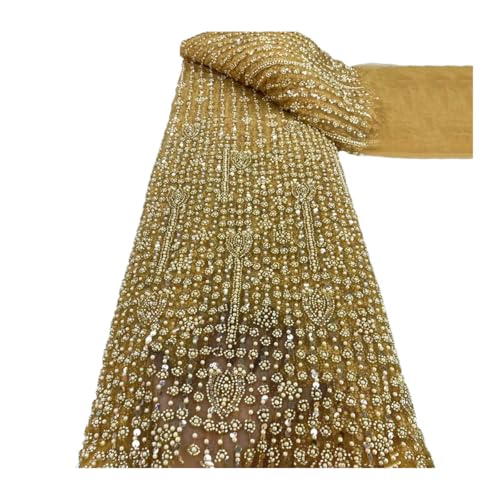 Goldfarbene schwere Pailletten, Perlen, französischer Netz-Tüll, Hochzeitsstickerei, afrikanische nigerianische Perlenspitze von Generisch