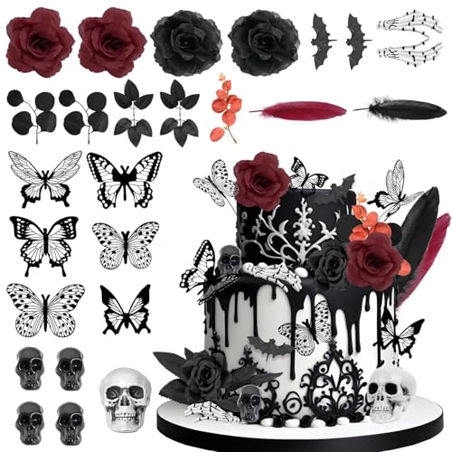 Gotische Kuchendekorationen – 26 schwarze Kuchendekorationen mit roter schwarzer Rose, Totenkopf, Schmetterling, Cupcake-Topper für Gothic, Geburtstag, Hochzeit, Halloween Gotische Kuchendekorationen – 26 schwarze Kuchendekorationen mit roter schwarzer Rose, Totenkopf, Schmetterling, Cupcake-Topper für Gothic, Geburtstag, Hochzeit, Halloween von Generisch