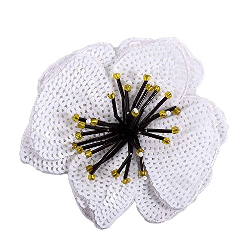 Große Pailletten-Blumenaufnäher, Pailletten-Stickerei, Blumen, zum Aufnähen, bestickte Applikation für Kleidung, Hut, Tasche (weiß) von Generisch