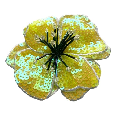 Großer handgemachter Pailletten-Blumen-Aufnäher – glänzende bestickte Applikation für Kleidung und Accessoires (gelb) von Generisch