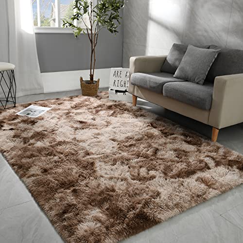 Großer weicher flauschiger Teppich für Wohnzimmer, modern, batikfarben, braun, Zottelteppich, gemütlich, flauschig, Schlafzimmerteppich für Kinderzimmer, Heimdekoration von Generisch