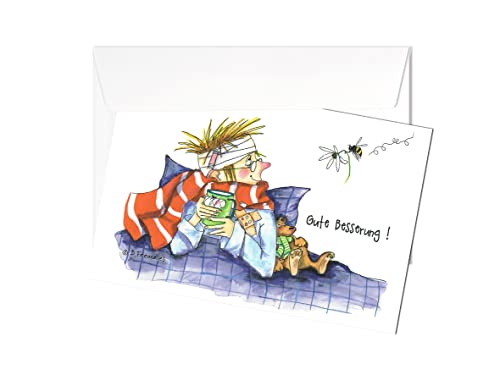 Grußkarte | Gute Besserung! | Mann im Bett mit Tee | Postkarte Klappkarte Karte mit Briefumschlag | Künstlerin: Barbara Freundlieb von Generisch