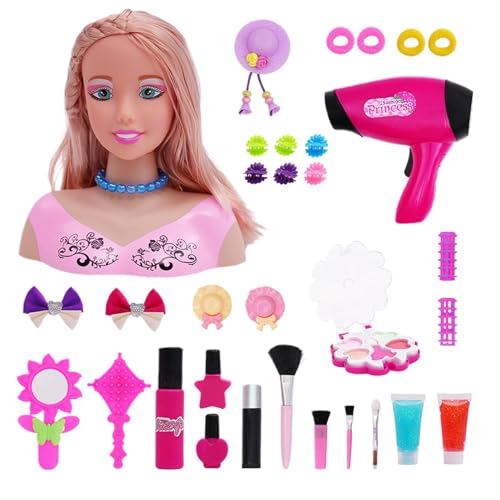 Haarstyling-Puppe – Styling-Puppenkopf-Make-up-Set | Realistisches Styling-Puppen-Spielset | Kinder-Übungs- Und Rollenspiel-Schönheitsset Mit Haartrockner, Lockenstab, Kronenbürsten, Kamm Für Mädchen von Generisch
