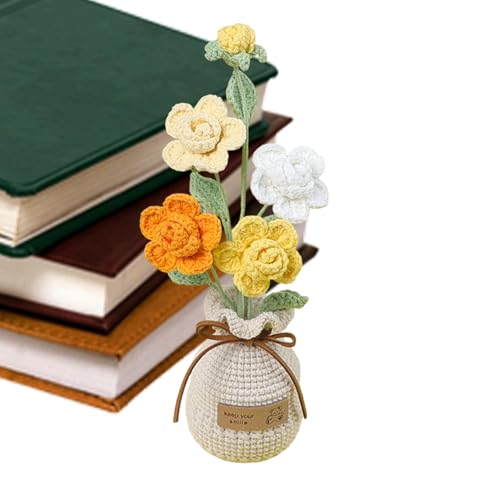 Häkelblumen – Häkelrosen, Schreibtisch-Ornament, Mini-Topfpflanze | handgehäkelter Blumenstrauß in Vase für Frauen, Mutter, Ehefrau, Geschenk- (Garn) von Generisch