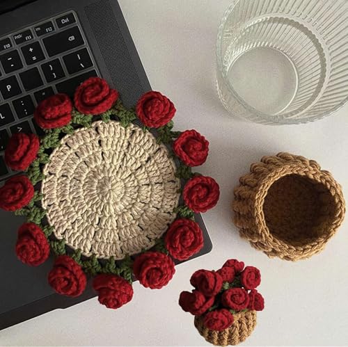 Häkelblumen-Untersetzer, handgefertigt, Vintage-Stil, gehäkelter Blumenstrauß-Material-Pack, gehäkelter Blumentopf-Untersetzer für Getränke mit Blumentopfhalter, weiche dekorative Untersetzer Häkelblumen-Untersetzer, handgefertigt, Vintage-Stil, gehäkelter Blumenstrauß-Material-Pack, gehäkelter Blumentopf-Untersetzer für Getränke mit Blumentopfhalter, weiche dekorative Untersetzer von Generisch