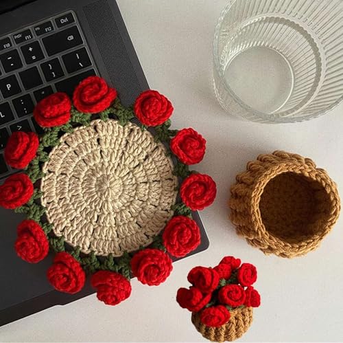 Häkelblumen-Untersetzer, handgefertigt, Vintage-Stil, gehäkelter Blumenstrauß-Material-Pack, gehäkelter Blumentopf-Untersetzer für Getränke mit Blumentopfhalter, weiche dekorative Untersetzer Häkelblumen-Untersetzer, handgefertigt, Vintage-Stil, gehäkelter Blumenstrauß-Material-Pack, gehäkelter Blumentopf-Untersetzer für Getränke mit Blumentopfhalter, weiche dekorative Untersetzer von Generisch