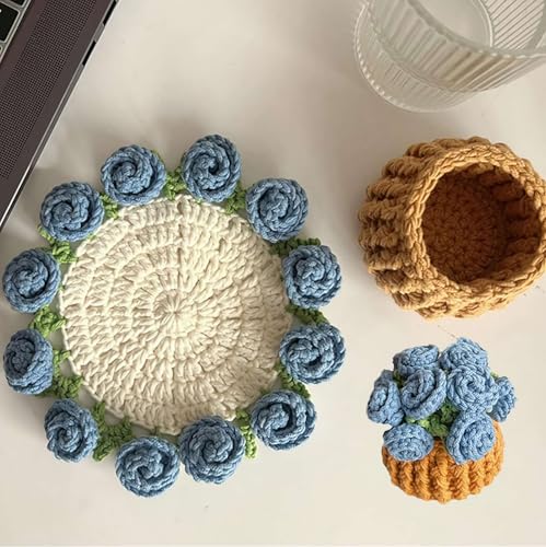 Häkelblumen-Untersetzer, handgefertigt, Vintage-Stil, gehäkelter Blumenstrauß-Material-Pack, gehäkelter Blumentopf-Untersetzer für Getränke mit Blumentopfhalter, weiche dekorative Untersetzer Häkelblumen-Untersetzer, handgefertigt, Vintage-Stil, gehäkelter Blumenstrauß-Material-Pack, gehäkelter Blumentopf-Untersetzer für Getränke mit Blumentopfhalter, weiche dekorative Untersetzer von Generisch