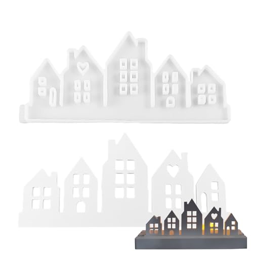 Häuser Harzform - Hausform Kerzenhalter Dekoration | Five Connected Houses Schokoladen Zuckerguss Kuchendekorationswerkzeuge, Epoxid Handwerks Silikonform, Tonformen Für Kerzenhalter Dekoration von Generisch