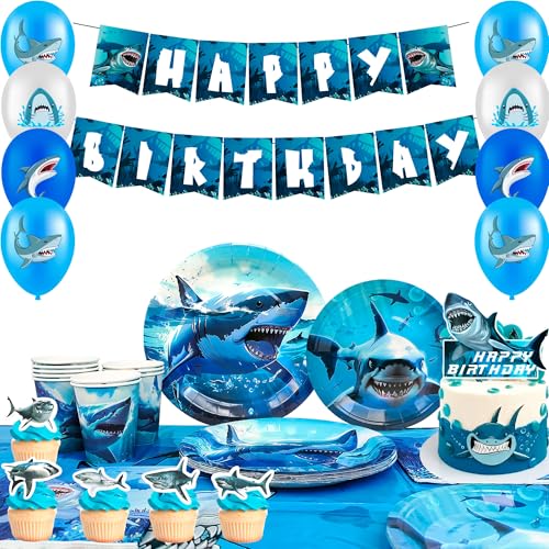 Hai Party Dekoration,111pcs Shark Theme Party Geschirr, Dekorationen Set- Hai Geburtstag Teller Tischdecke Luftballons etc Hai Motto Party Zubehör Hai Party Dekoration,111pcs Shark Theme Party Geschirr, Dekorationen Set- Hai Geburtstag Teller Tischdecke Luftballons etc Hai Motto Party Zubehör von Generisch