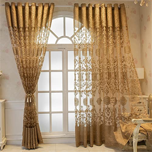 Halbtransparente Voile-Vorhänge, dekorative Ringösen für Schlafzimmer, Wohnzimmer, Kinderzimmer, Sichtschutz, 2 Paneele (B x L), 229 x 260 cm, Kaffee-Stickerei-Design von Generisch
