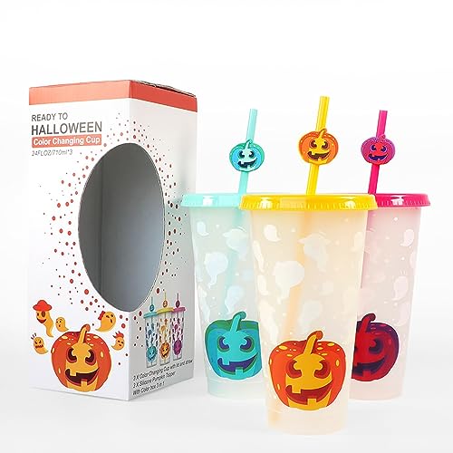 Halloween-Becher 710 ml mit Strohhalm-Set, farbwechselnder Plastikbecher mit gruseligem Design, lustiger Kürbisbecher für Partydekorationen, festliche Wasserflasche (3-teiliges Set) von Generisch