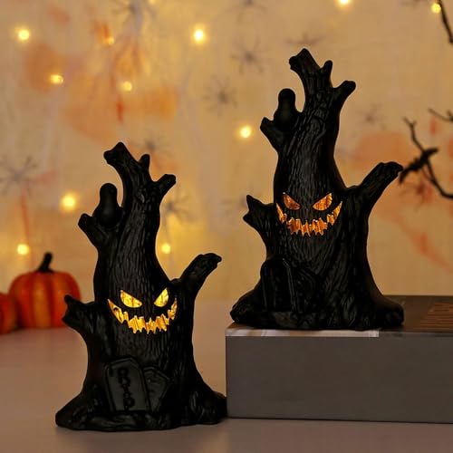 Halloween Deko Geister Baumstumpf mit LED Licht, Schwarz Baumstumpf Figuren Leuchtende Batteriebetriebene für Hallowmas Tischdeko, Party Dekor Halloween Deko Kerzenlichter (2) von Generisch