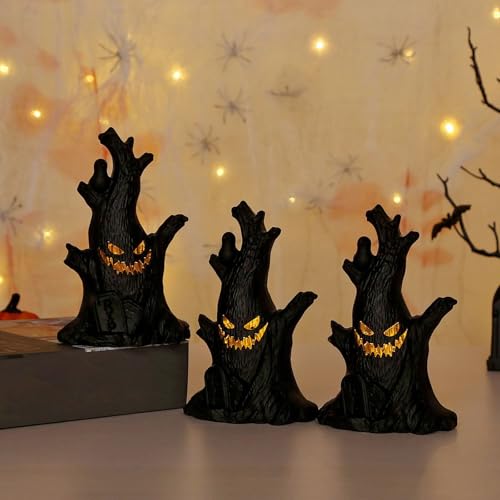 Halloween Deko Geister Baumstumpf mit LED Licht, Schwarz Baumstumpf Figuren Leuchtende Batteriebetriebene für Hallowmas Tischdeko, Party Dekor Halloween Deko Kerzenlichter (3) von Generisch