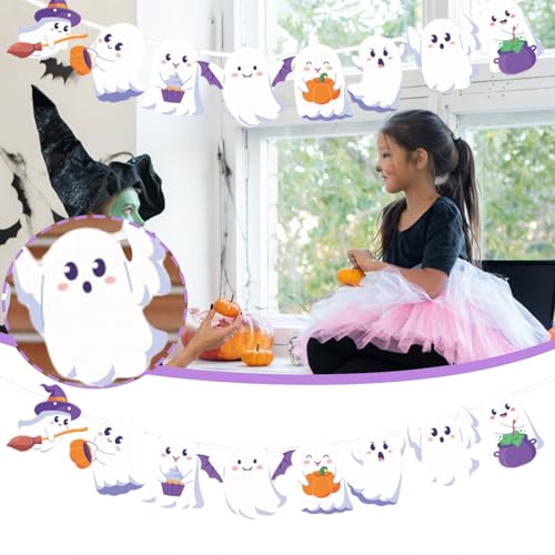 Halloween-Dekorationen für den Außenbereich, glitzernde Halloween-Hängebanner mit 1 Tischdecke, weiße Girlande, Party-Banner für den Innenbereich, Party-Dekoration, Zubehör, Geister-Motiv, Violett, 18 von Generisch