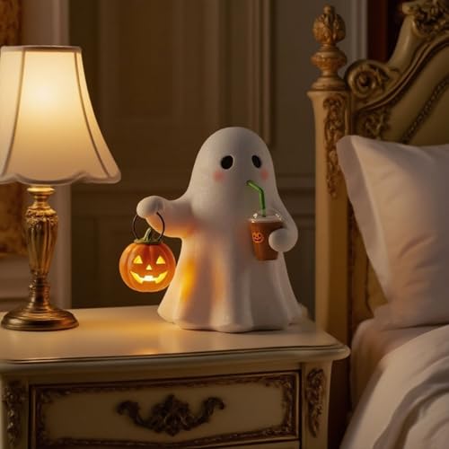 Halloween Figuren Geister mit Kürbis und Trinken Ornament Deko Süße Geist Home Decor Innen Tischdeko Harz Ghosts Statue Halloweendeko Cute Gothic Figur Dekoration Lustige Geisterstatue für Party von Generisch