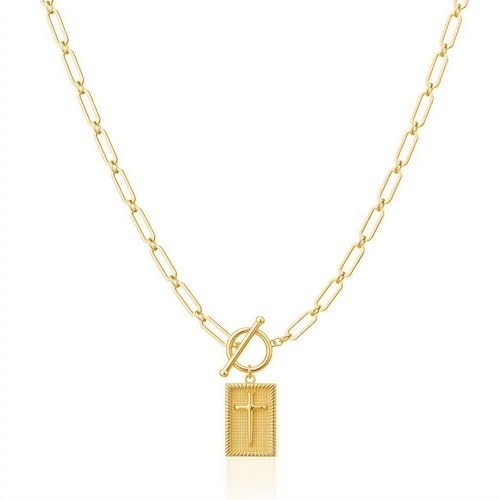 Halskette mit Kreuzanhänger in Gold/Silber für Damen und Herren, trendige, klobige Kreuzkette mit Knebelverschluss, Büroklammerkette, zierliche Charm-Halsketten, religiöses,schlichtes Schmuckgeschenk von Generisch