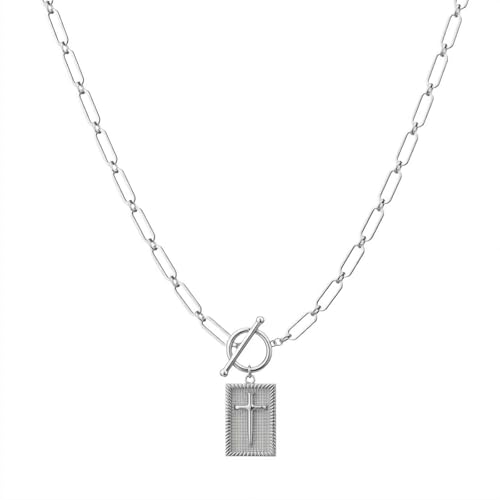 Halskette mit Kreuzanhänger in Gold/Silber für Damen und Herren, trendige, klobige Kreuzkette mit Knebelverschluss, Büroklammerkette, zierliche Charm-Halsketten, religiöses,schlichtes Schmuckgeschenk von Generisch