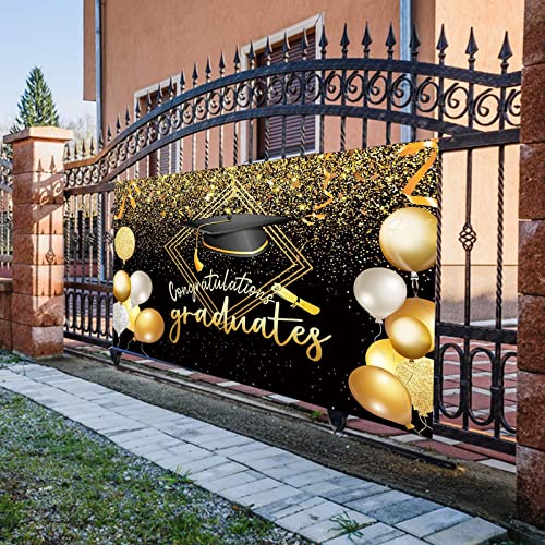 Happy Graduation Banner – mit Konfetti-Luftballons, Wimpelkette, Congrats Grade Class, Foto-Requisiten, schwarzer und goldener Hintergrund für Abschlussfeier, Party-Dekoration, 180 x 115 cm (#9) von Generisch