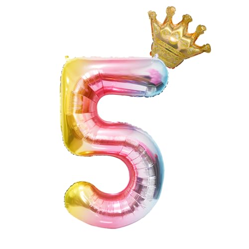 Helium-Luftballons zum 5. Geburtstag, 101,6 cm, große, selbstaufblasende Folie, Riesenkrone, Zahl 5, Luftballons mit Strohhalm, für Jungen und Mädchen, Geburtstag, Jahrestag, Feier, Party-Dekorationen von Generisch
